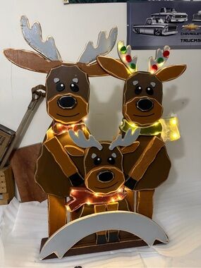 Wooden Reindeer Family Holiday Decor - Brown Light up!